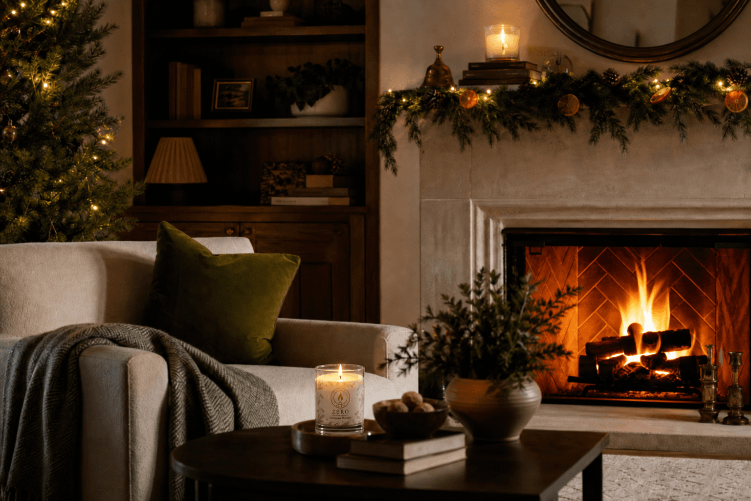 Candle by a festive fireplace