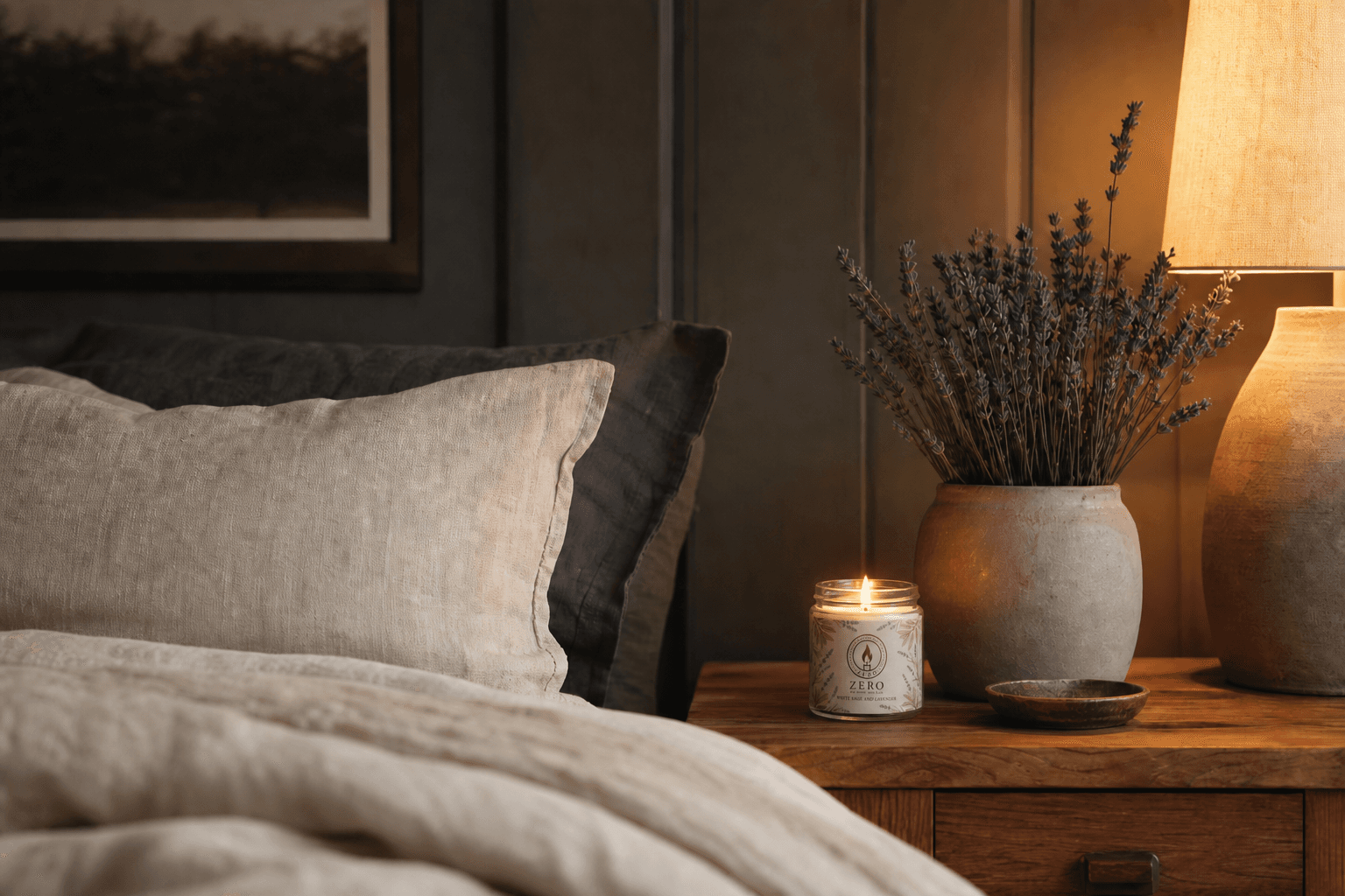 Candle in a calm bedroom setting